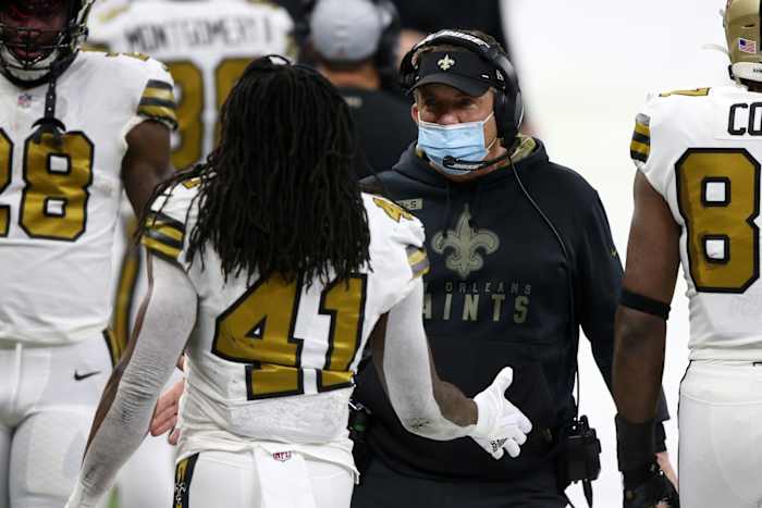Saints RB Alvin Kamara and Head Coach Sean Payton